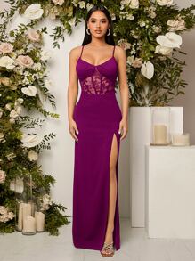 SHEIN Belle 对比色蕾丝开叉吊带伴娘礼服优雅正式晚会舞会婚礼宾客礼服，适合毕业典礼、晚宴派对礼服