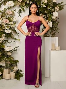 SHEIN Belle 对比色蕾丝开叉吊带伴娘礼服优雅正式晚会舞会婚礼宾客礼服，适合毕业典礼、晚宴派对礼服