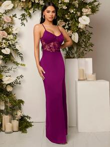 SHEIN Belle 对比色蕾丝开叉吊带伴娘礼服优雅正式晚会舞会婚礼宾客礼服，适合毕业典礼、晚宴派对礼服