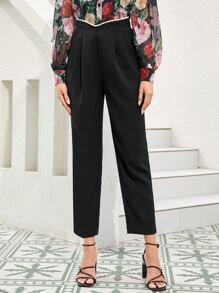 Mulvari Solid Pearls Waist Fold Pleated Pants - Black - View 4