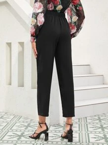 Mulvari Solid Pearls Waist Fold Pleated Pants - Black - View 3