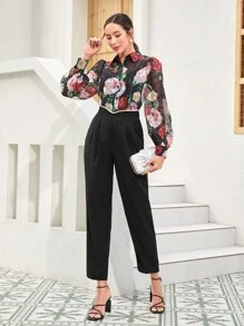 Mulvari Solid Pearls Waist Fold Pleated Pants - Black - View 2