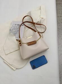 中等水桶包字母圖案鏈條裝飾時尚 - 米色 - 查看 6