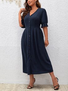 SHEIN LUNE Đầm Plus Size Xù Nút phía trước màu trơn Giải trí - Màu xanh hải quân - Xem 3