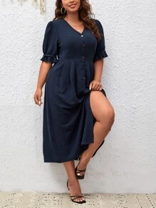 SHEIN LUNE Đầm Plus Size Xù Nút phía trước màu trơn Giải trí - Màu xanh hải quân - Xem 5