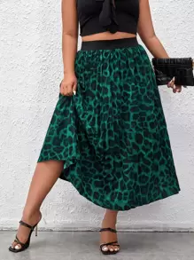 SHEIN Clasi Váy Plus Size Xếp li In hoa Báo Giải trí - Màu xanh lá cây đậm - Xem 1