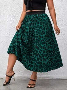 SHEIN Clasi Váy Plus Size Xếp li In hoa Báo Giải trí - Màu xanh lá cây đậm - Xem 3
