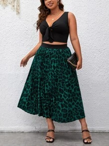 SHEIN Clasi Váy Plus Size Xếp li In hoa Báo Giải trí - Màu xanh lá cây đậm - Xem 4