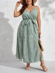 SHEIN VCAY Plus Allover Print Split Thigh Belted Cami Dress