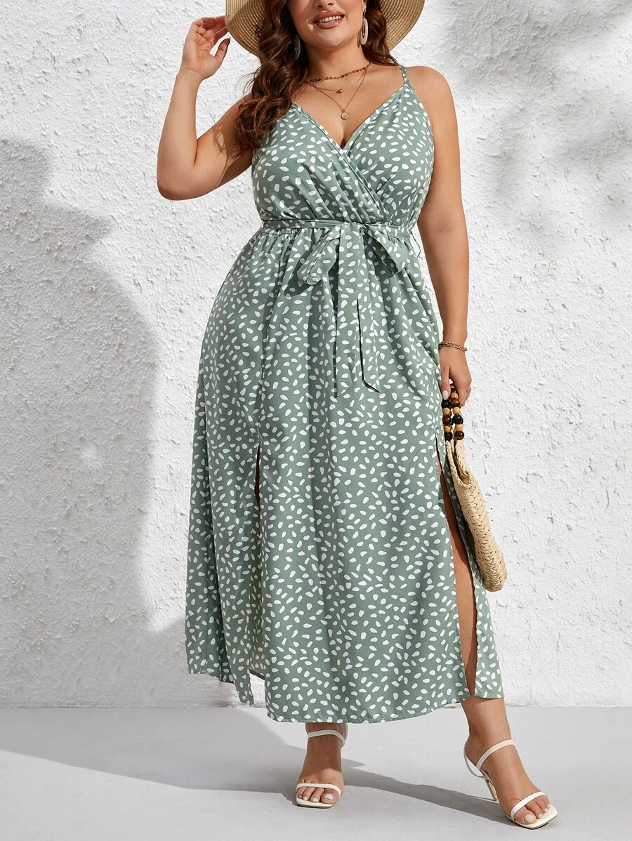 SHEIN VCAY Plus Allover Print Split Thigh Belted Cami Dress