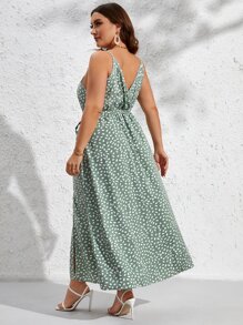 SHEIN VCAY Plus Allover Print Split Thigh Belted Cami Dress