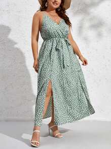 SHEIN VCAY Plus Allover Print Split Thigh Belted Cami Dress