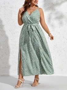 SHEIN VCAY Plus Allover Print Split Thigh Belted Cami Dress