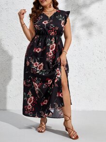 SHEIN VCAY 大碼印花荷葉邊高衩洋裝 - 黑色 - 查看 1