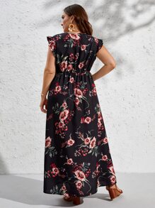 SHEIN VCAY 大碼印花荷葉邊高衩洋裝 - 黑色 - 查看 2