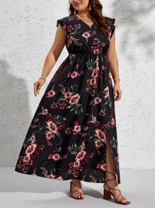 SHEIN VCAY 大碼印花荷葉邊高衩洋裝 - 黑色 - 查看 3