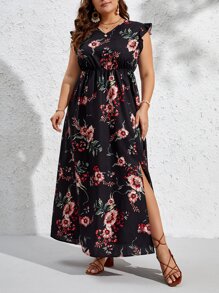SHEIN VCAY 大碼印花荷葉邊高衩洋裝 - 黑色 - 查看 4