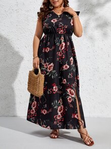 SHEIN VCAY 大碼印花荷葉邊高衩洋裝 - 黑色 - 查看 5