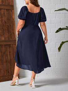 SHEIN Privé 大碼前繫帶泡泡袖高衩連衣裙