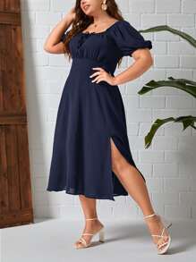 SHEIN Privé 大碼前繫帶泡泡袖高衩連衣裙