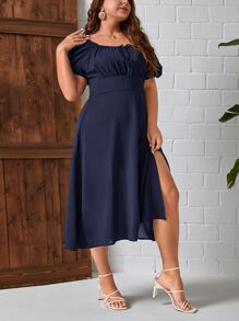 SHEIN Privé 大碼前繫帶泡泡袖高衩連衣裙