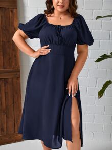 SHEIN Privé 大碼前繫帶泡泡袖高衩連衣裙