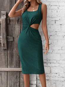 SHEIN Privé Twist Front Cut Out Waist Tank Dress - Dark Green - View 1