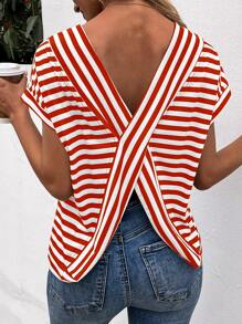 SHEIN LUNE Áo thun nữ Lộ Lưng Hội Chữ thập Sọc Giải trí - Đỏ và trắng - Xem 1