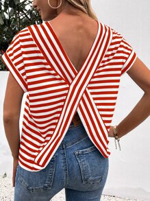 SHEIN LUNE Áo thun nữ Lộ Lưng Hội Chữ thập Sọc Giải trí - Đỏ và trắng - Xem 2