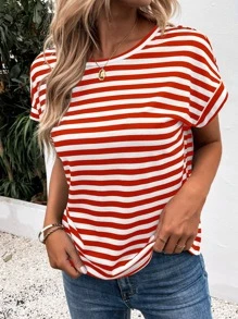 SHEIN LUNE Áo thun nữ Lộ Lưng Hội Chữ thập Sọc Giải trí - Đỏ và trắng - Xem 3