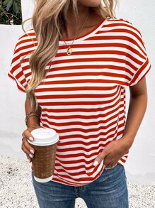 SHEIN LUNE Áo thun nữ Lộ Lưng Hội Chữ thập Sọc Giải trí - Đỏ và trắng - Xem 4