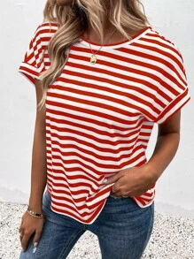 SHEIN LUNE Áo thun nữ Lộ Lưng Hội Chữ thập Sọc Giải trí - Đỏ và trắng - Xem 5