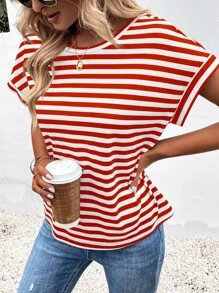 SHEIN LUNE Áo thun nữ Lộ Lưng Hội Chữ thập Sọc Giải trí - Đỏ và trắng - Xem 6