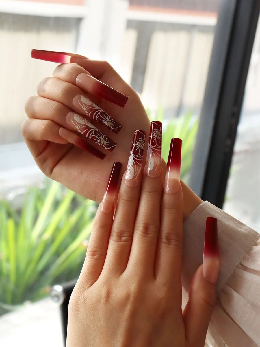 Get Glamorous with 24pcs Long Coffin Red Blooming Flowers Pattern Fake ...