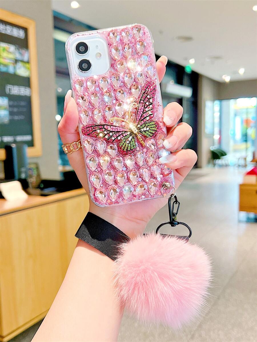镶钻装饰手机壳，带绒球吊坠，兼容 15/15 Plus/15 Pro/15 Pro Max，国际版，非国内版 - 彩色 - 查看 1