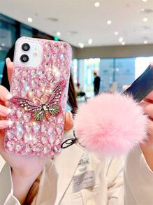 镶钻装饰手机壳，带绒球吊坠，兼容 15/15 Plus/15 Pro/15 Pro Max，国际版，非国内版 - 彩色 - 查看 3