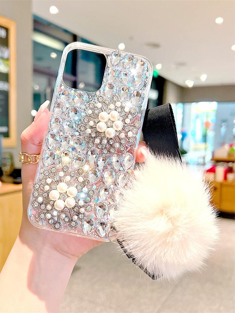 Rhinestone Decor Phone Case With Pom Pom Pendant - Multicolor - View 3