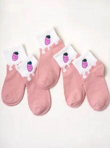 5雙女孩胡蘿蔔圖案中筒襪 - 粉色 - 查看 1