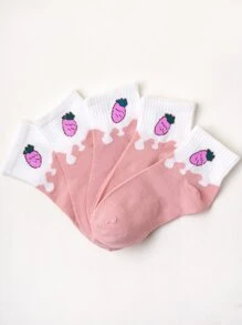 5雙女孩胡蘿蔔圖案中筒襪 - 粉色 - 查看 2