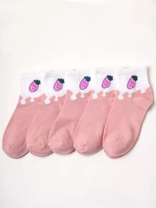 5雙女孩胡蘿蔔圖案中筒襪 - 粉色 - 查看 3