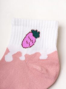 5雙女孩胡蘿蔔圖案中筒襪 - 粉色 - 查看 4