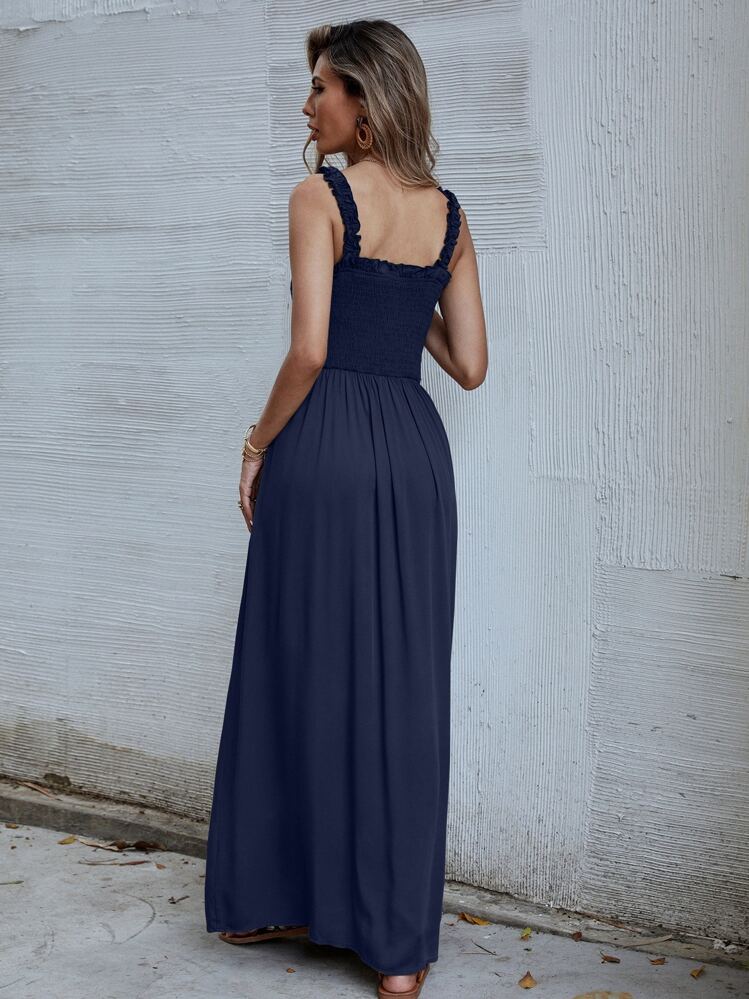 SHEIN VCAY Solid Shirred Button Front Cami Dress - Navy Blue - View 2