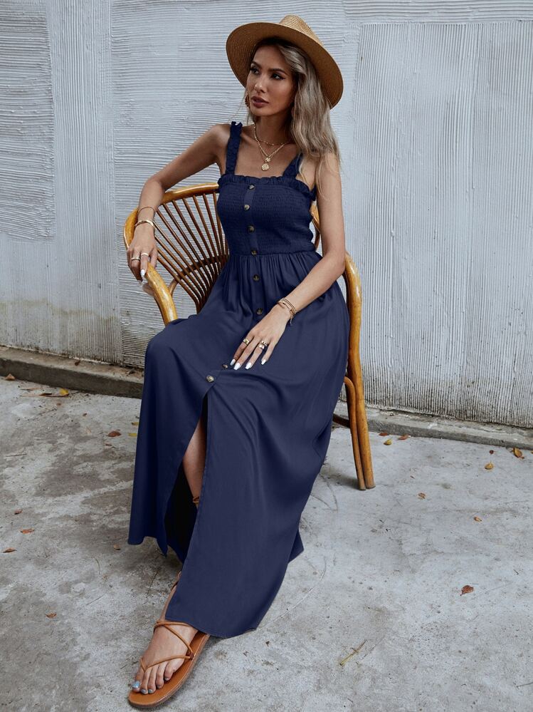 SHEIN VCAY Solid Shirred Button Front Cami Dress - Navy Blue - View 4