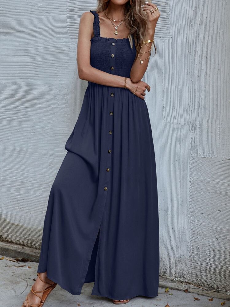 SHEIN VCAY Solid Shirred Button Front Cami Dress - Navy Blue - View 5