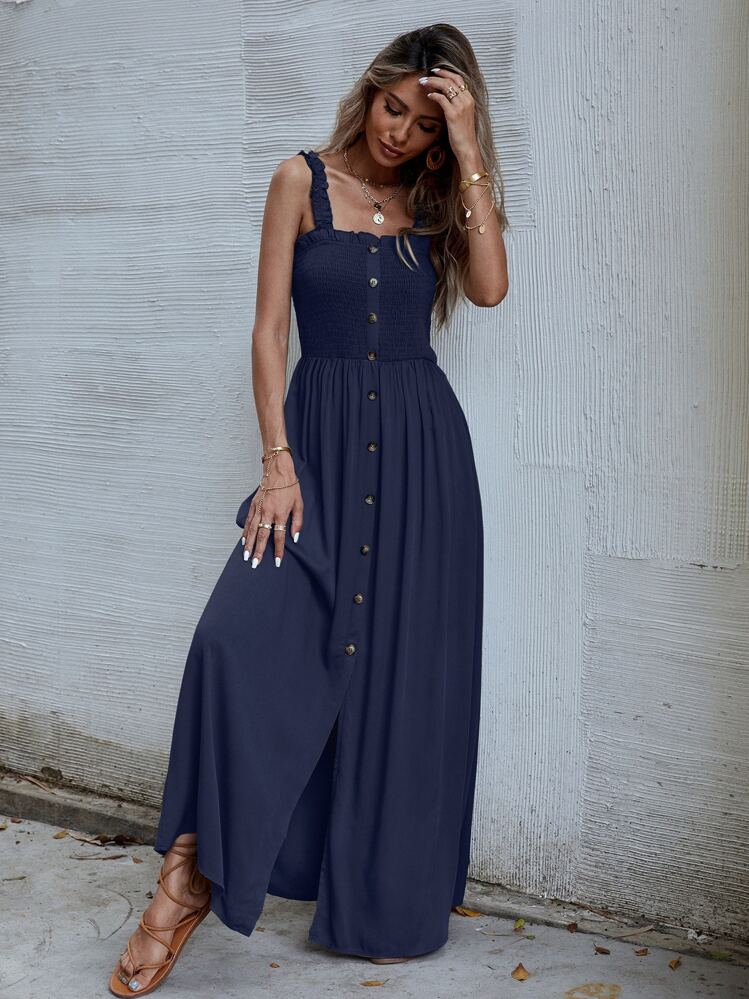 SHEIN VCAY Solid Shirred Button Front Cami Dress - Navy Blue - View 6