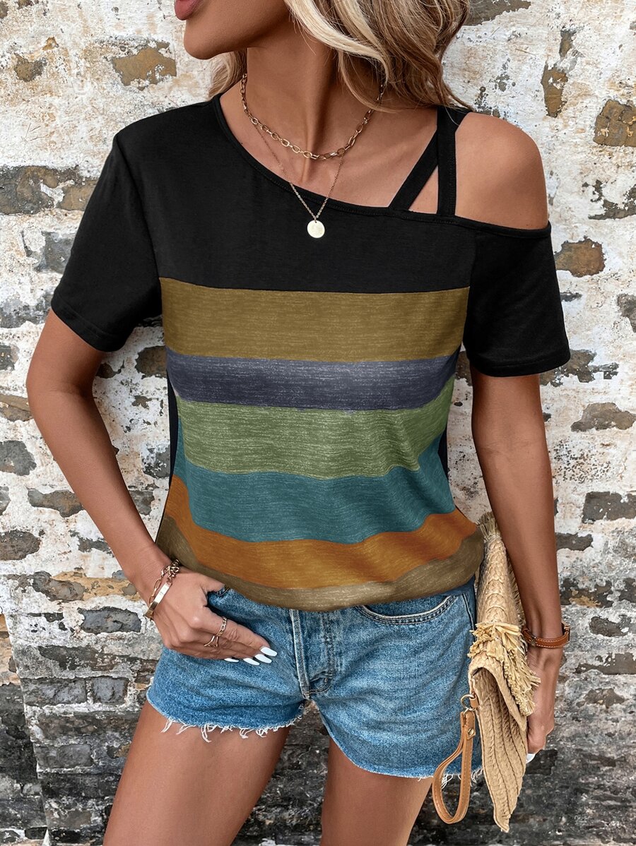 SHEIN LUNE Color Block Asymmetrical Neck Tee - Multicolor - View 1