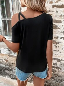 SHEIN LUNE Camiseta de color combinado de cuello asimétrico - Multicolor - Ver 2