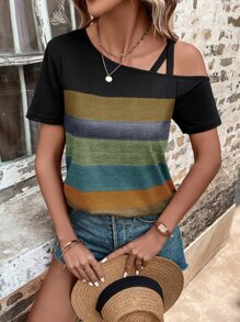 SHEIN LUNE Camiseta de color combinado de cuello asimétrico - Multicolor - Ver 4