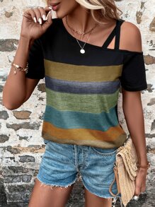 SHEIN LUNE Camiseta de color combinado de cuello asimétrico - Multicolor - Ver 6