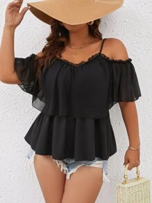 SHEIN Holidaya Plus Cold Shoulder Frill Trim Peplum Blouse - Black - View 3